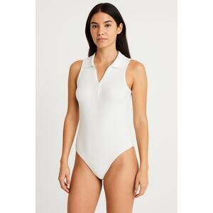 Abercrombie & Fitch Soft AF White Ribbed Cotton Sleeveless Polo Bodysuit Size M